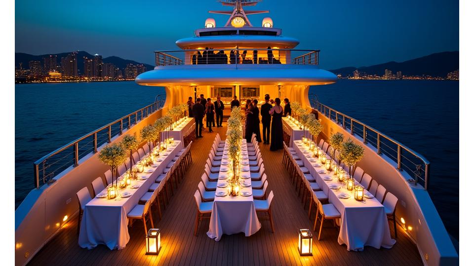 Elegant corporate event setup on the deck of a luxury yacht