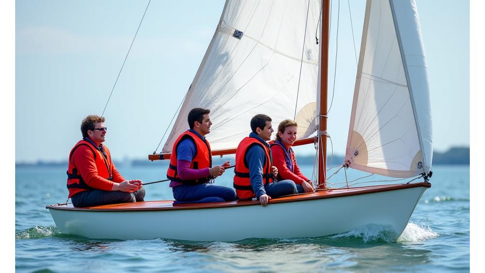 Students learning to sail on a small training yacht
